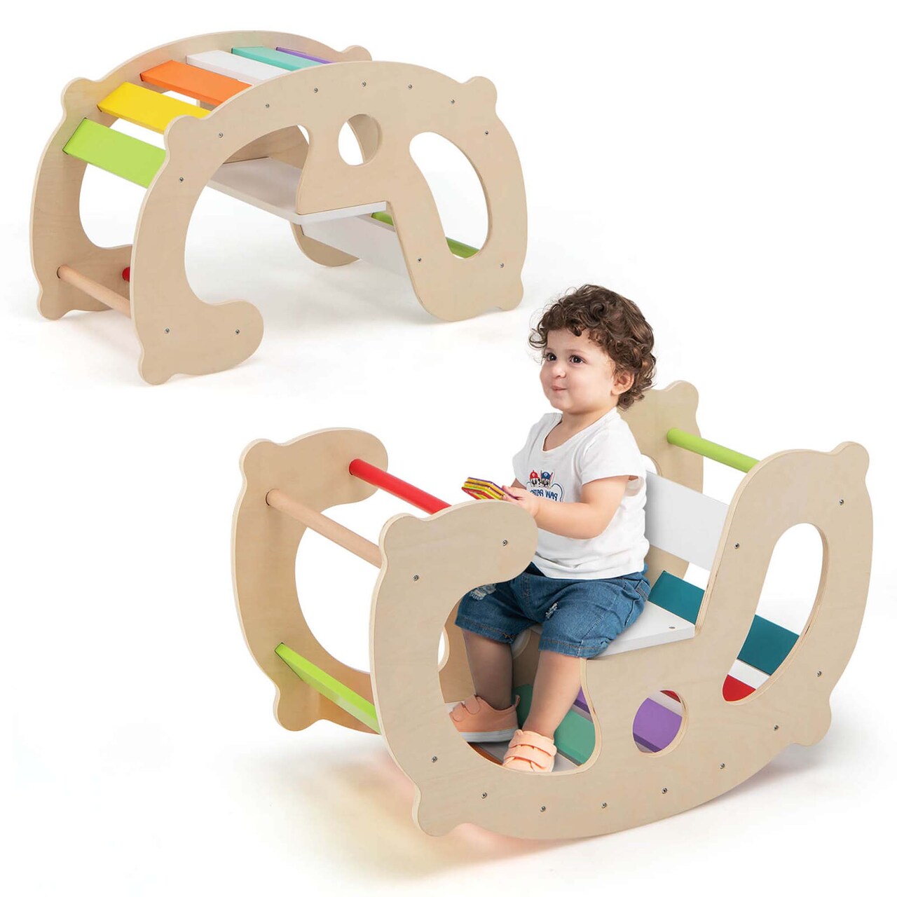 Costway 2-in-1 Rocking Horse Arch for Kids with Rocker Arch Climber Comfortable Backrest Natural/Multi-color